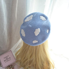 Handmade White Cloud Beret Hat Soft Wool Cap Winter Warm Beret Cap