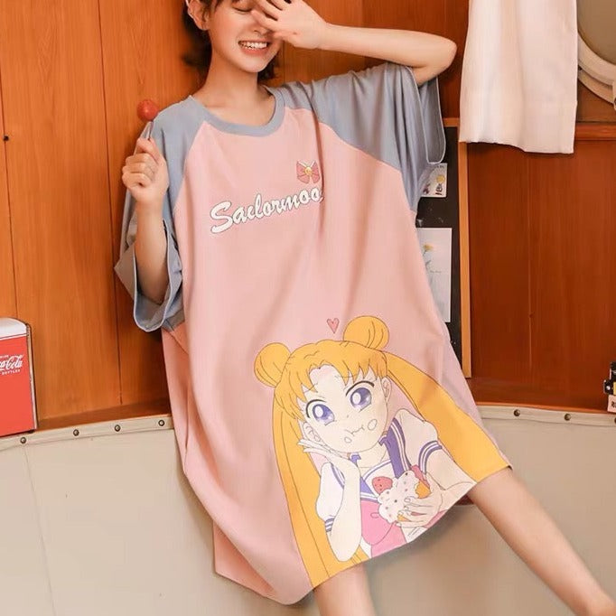 Cartoon Beauty Girl Print Kawaii Cute Loose Pajamas Night Dress