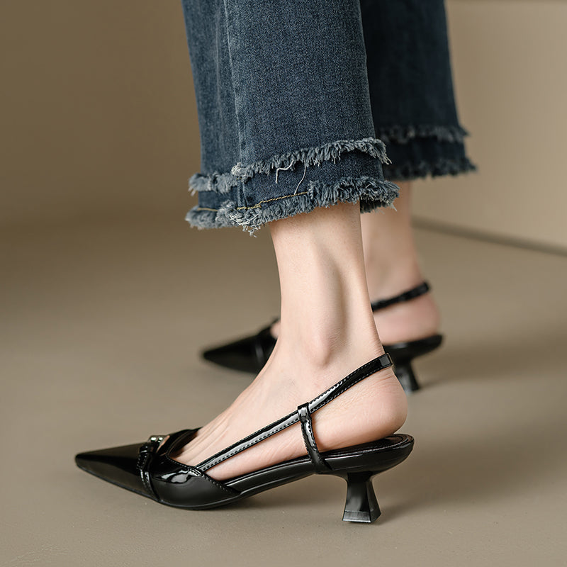 Leather Pointed Toe Kitten Heel Slingback Pumps with Buckled Straps