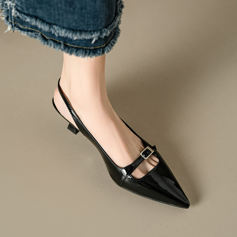 Genuine Leather Pointed Toe Kitten Heel Pumps with Buckled Straps