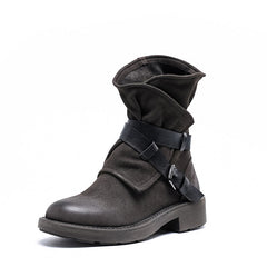 Genuine Leather Classic Boots Low Heel Round Toe Buckle Ankle Boots