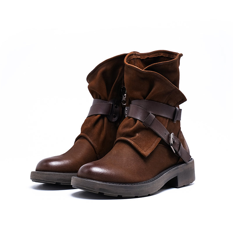 Genuine Leather Classic Boots Low Heel Round Toe Buckle Ankle Boots