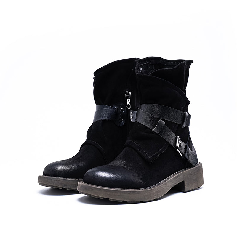 Genuine Leather Classic Boots Low Heel Round Toe Buckle Ankle Boots