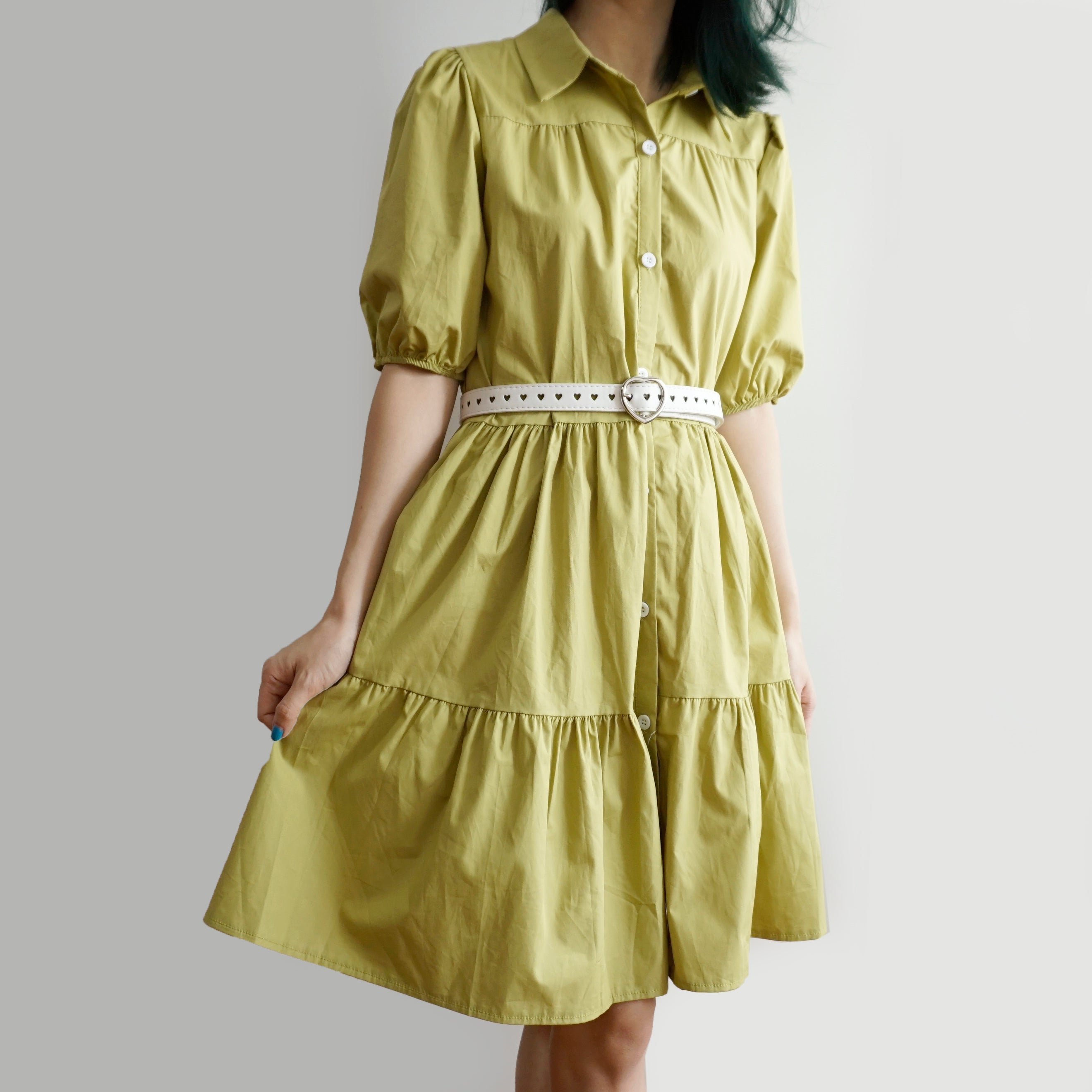 Cute Fashion Puff Sleeve Tiered Shirt Dress