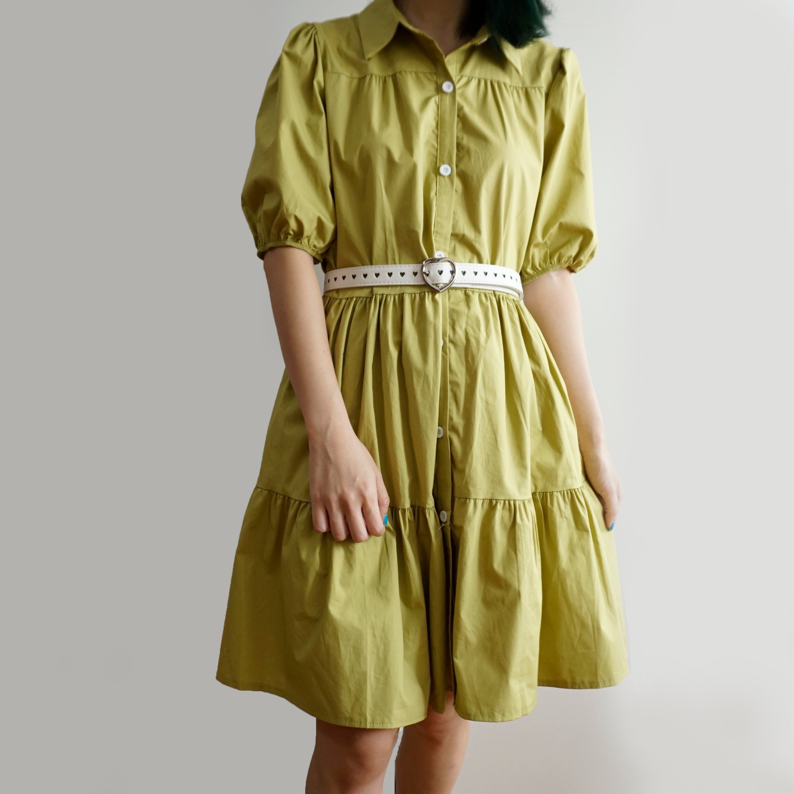 Cute Fashion Puff Sleeve Tiered Shirt Dress