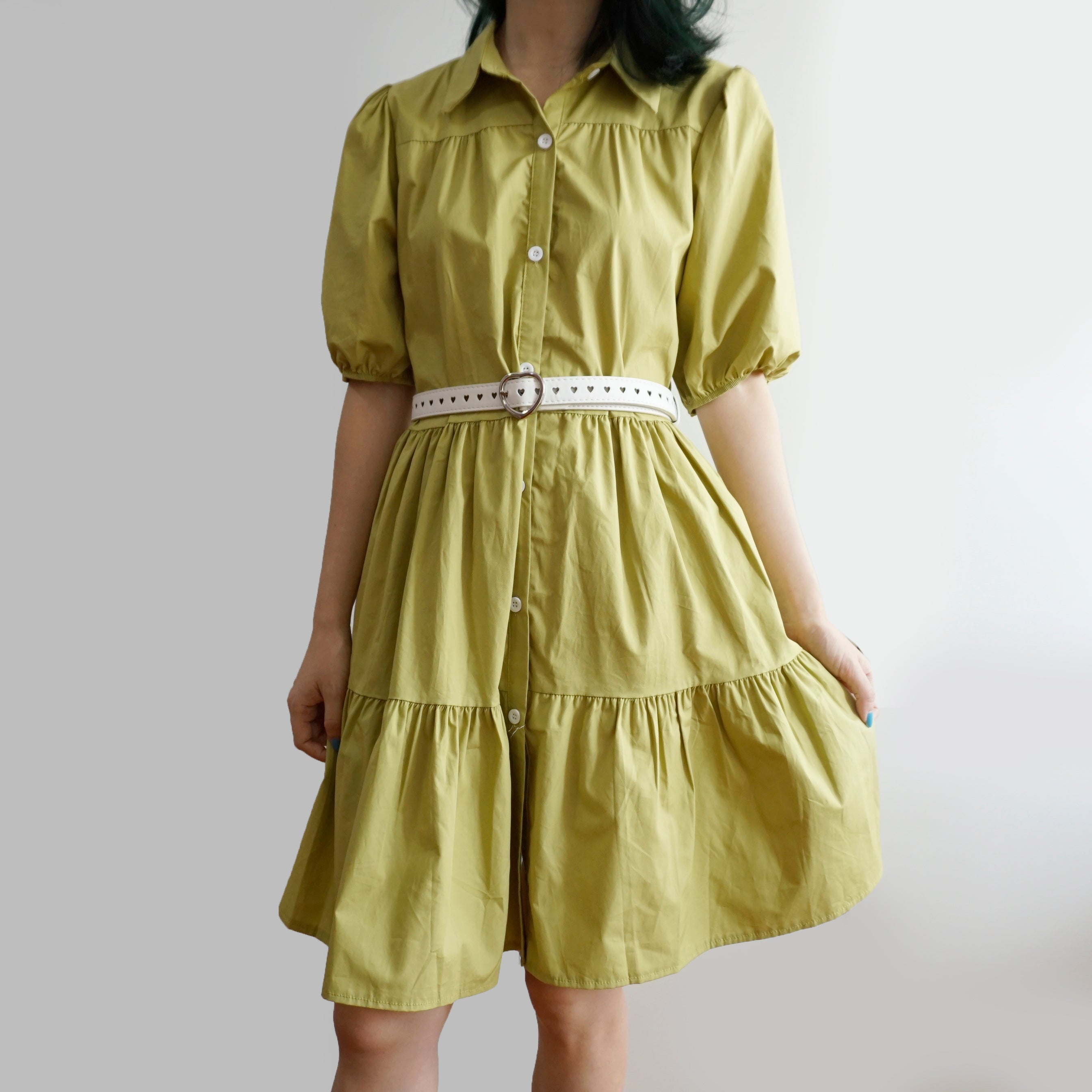 Cute Fashion Puff Sleeve Tiered Shirt Dress