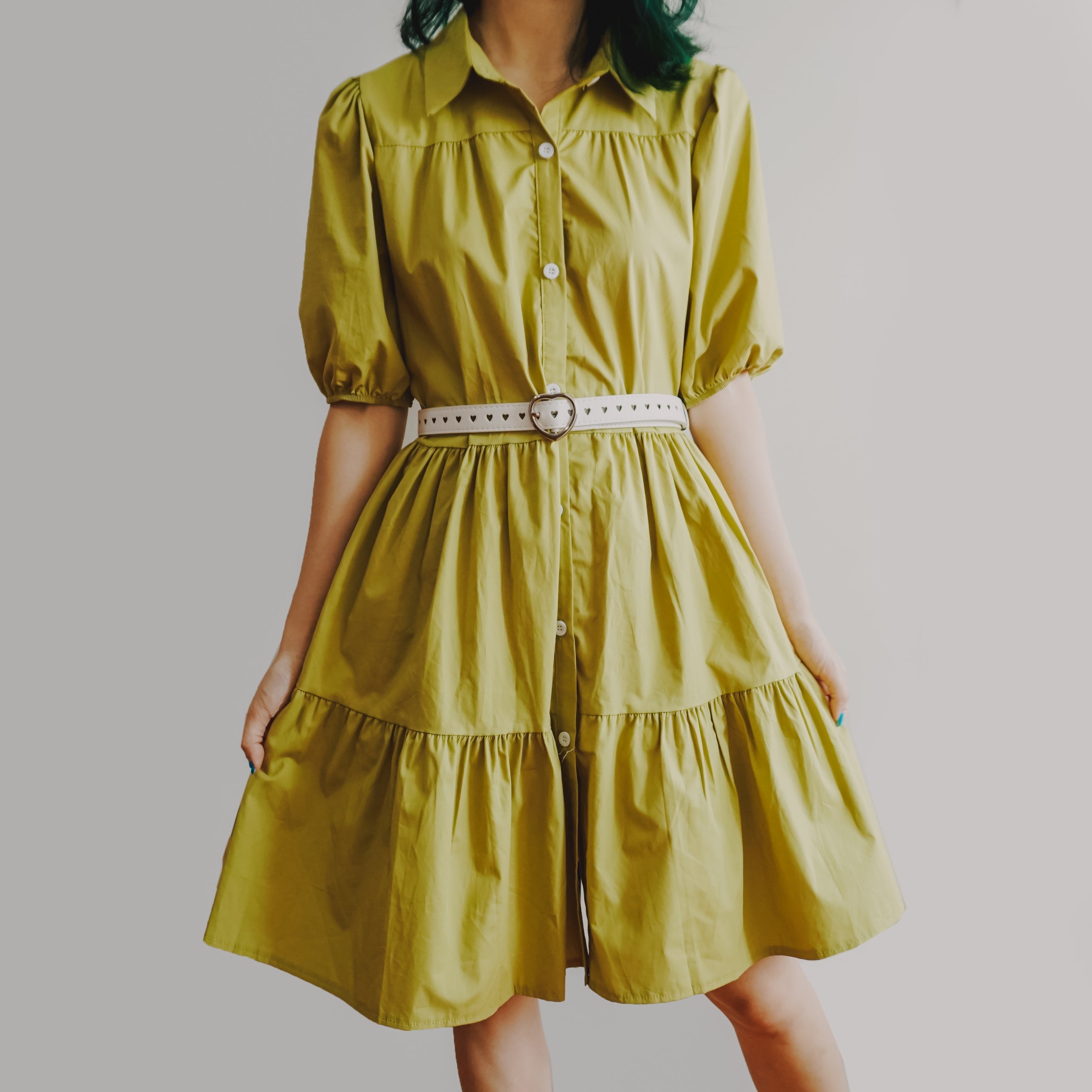 Cute Fashion Puff Sleeve Tiered Shirt Dress