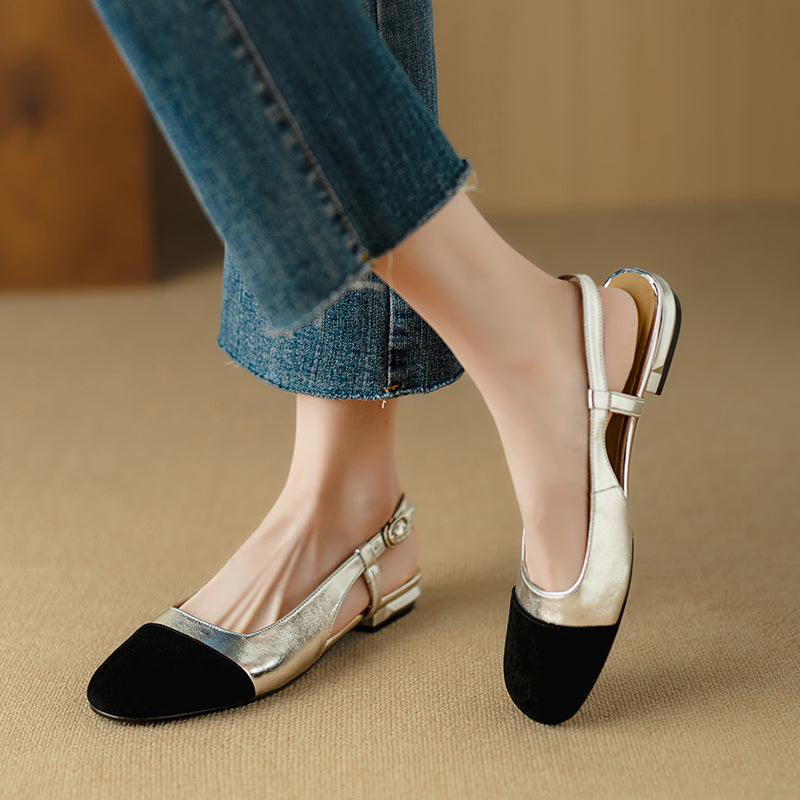 Patchwork Leather Square Toe Block Heels Slingback Shoes