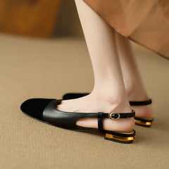 Patchwork Leather Square Toe Block Heels Slingback Shoes