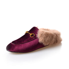 Velvet Fur Slide Slip On Flat Mules