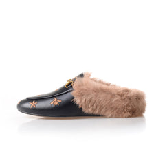 Horsebit Bee Star Embroidered Fur Mule Shoes