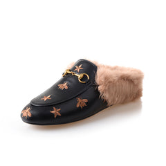Horsebit Bee Star Embroidered Fur Mule Shoes