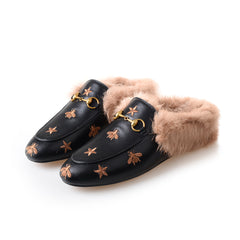 Horsebit Bee Star Embroidered Fur Mule Shoes