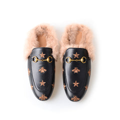 Horsebit Bee Star Embroidered Fur Mule Shoes