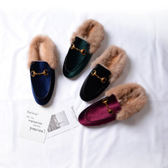 Velvet Fur Slide Slip On Flat Mules