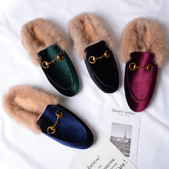 Velvet Fur Slide Slip On Flat Mules