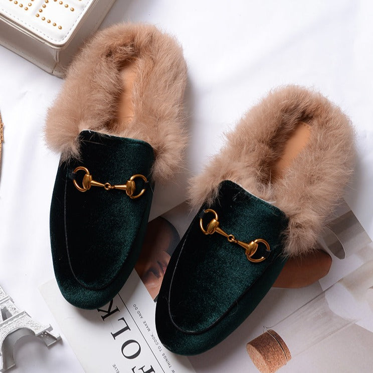 Velvet Fur Slide Slip On Flat Mules