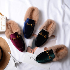 Velvet Fur Slide Slip On Flat Mules