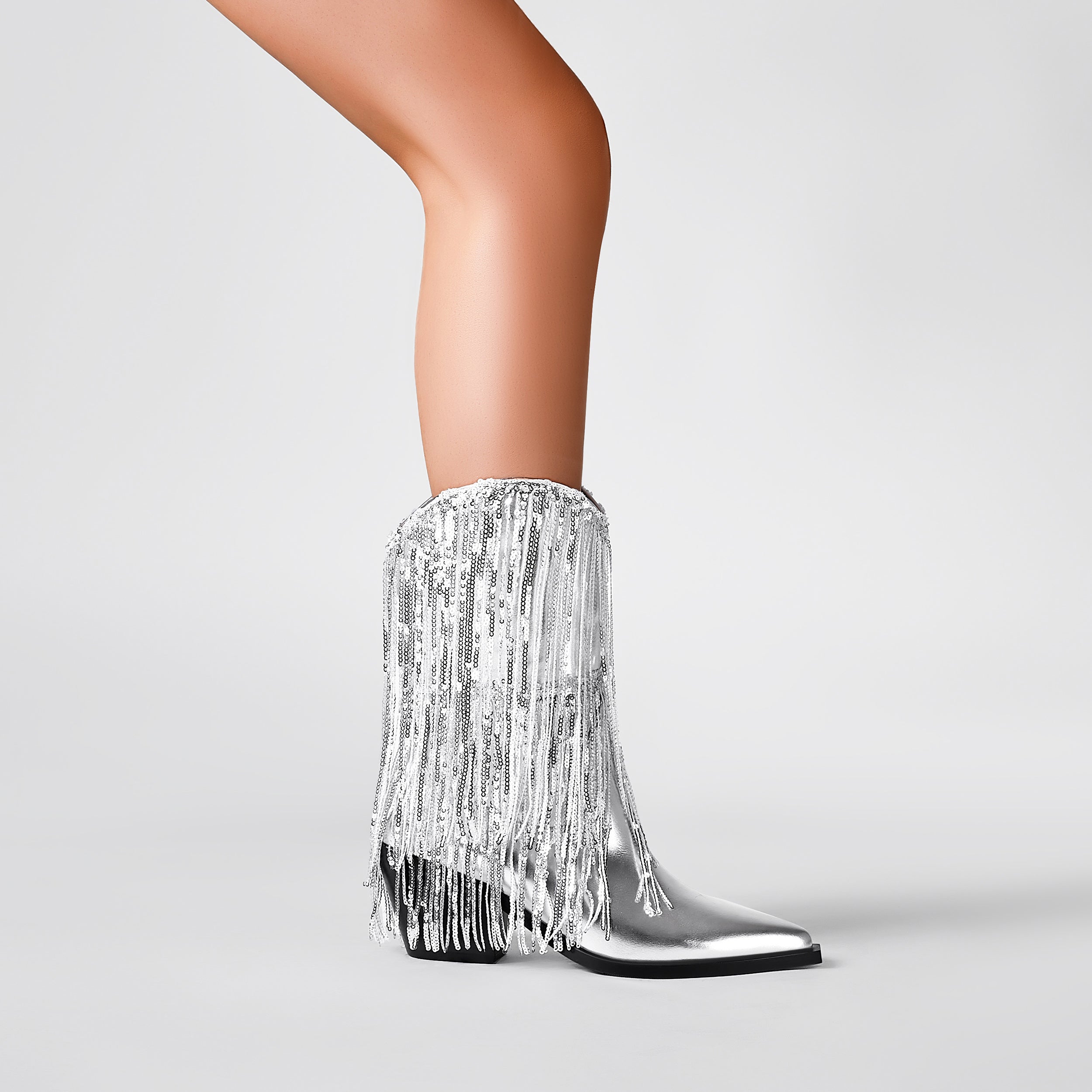 Metallic Sequin Fringed Zipper Pointy Chunky Heeled Western Cowgirl Ankle Boots