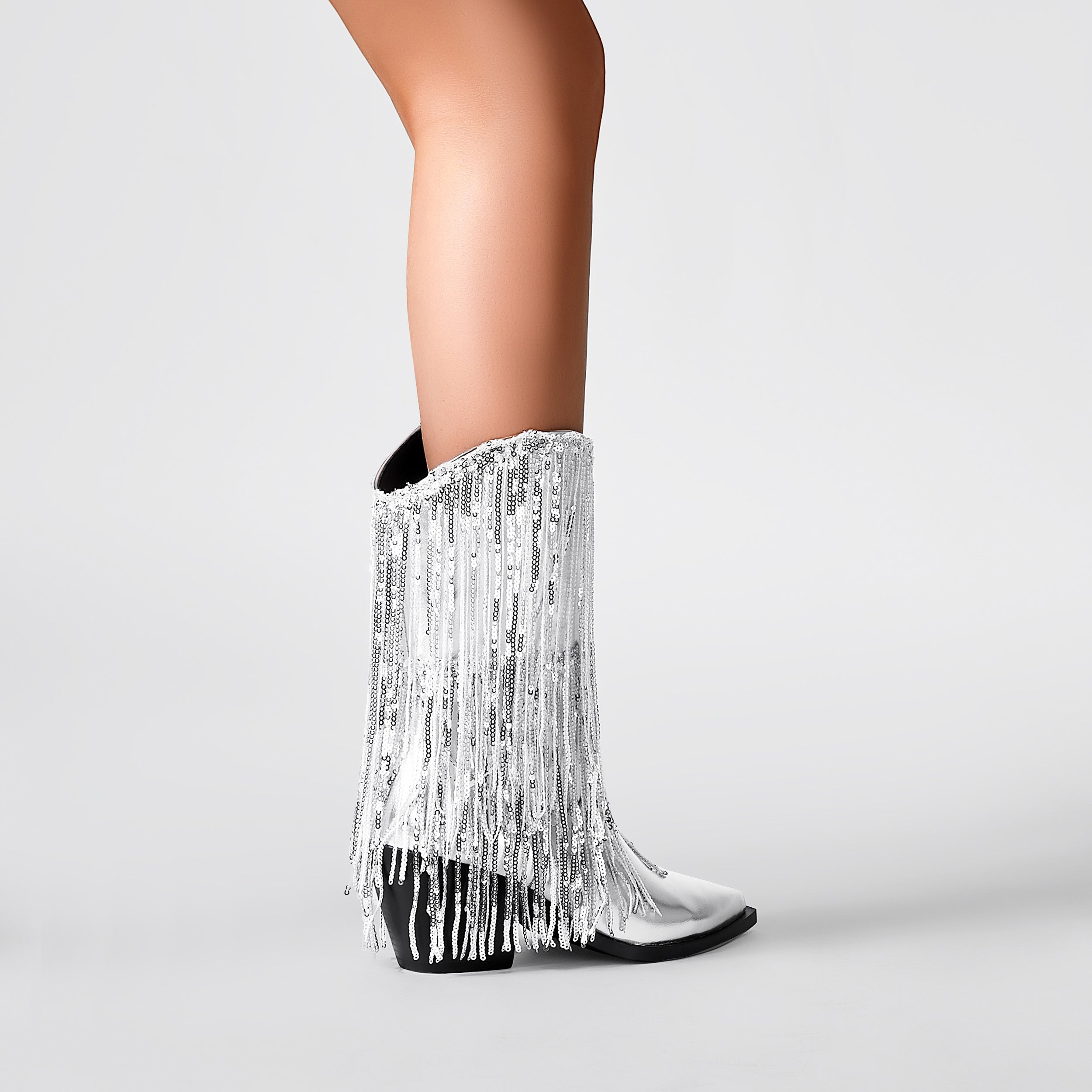 Metallic Sequin Fringed Zipper Pointy Chunky Heeled Western Cowgirl Ankle Boots