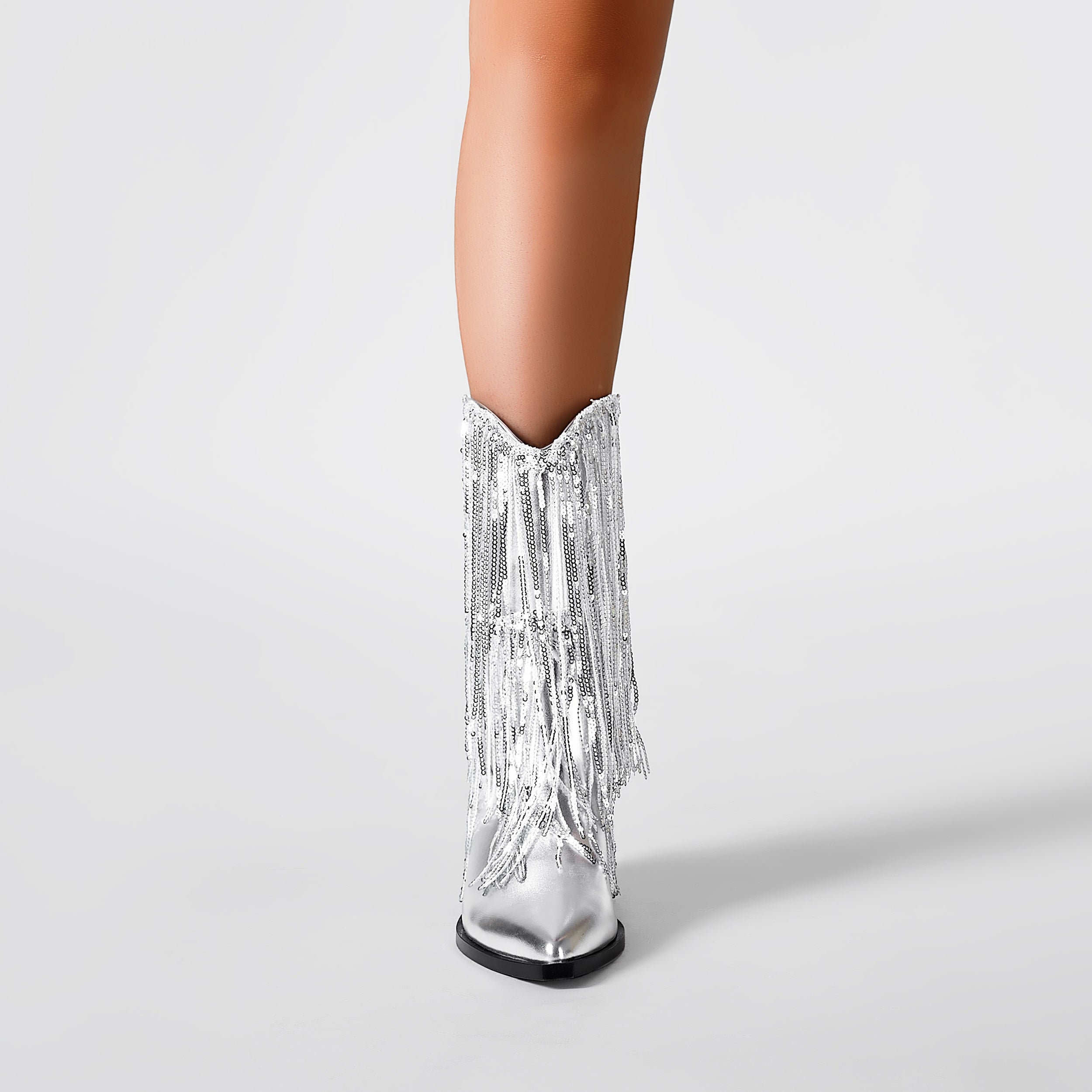 Metallic Sequin Fringed Zipper Pointy Chunky Heeled Western Cowgirl Ankle Boots