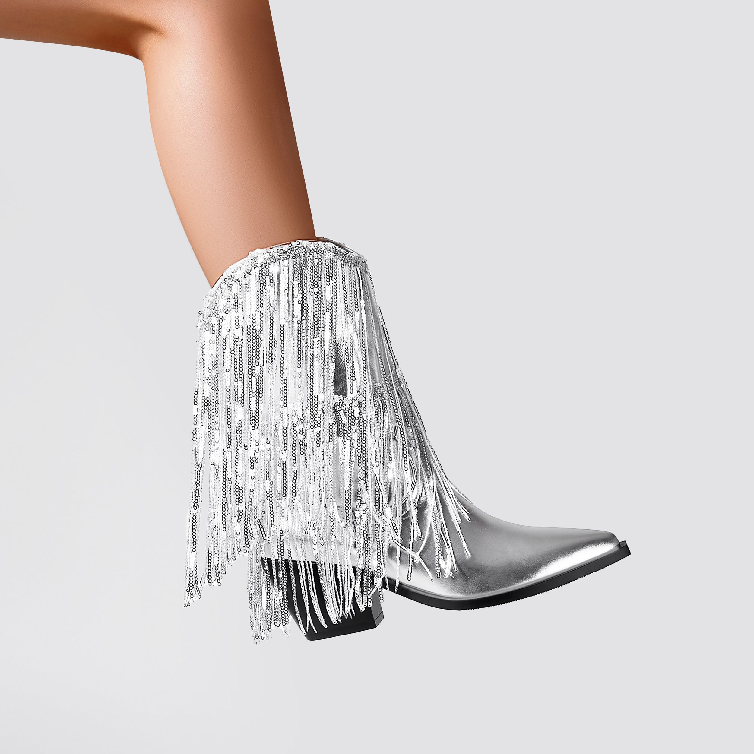 Metallic Sequin Fringed Zipper Pointy Chunky Heeled Western Cowgirl Ankle Boots