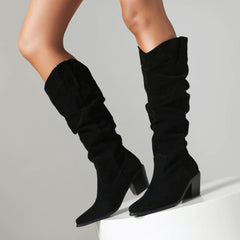 Western Boot Block Heel Suede Scrunch Knee Boot