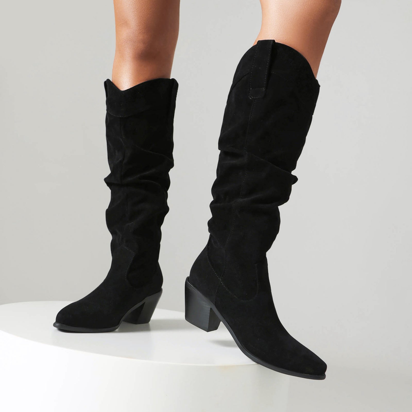 Western Boot Block Heel Suede Scrunch Knee Boot