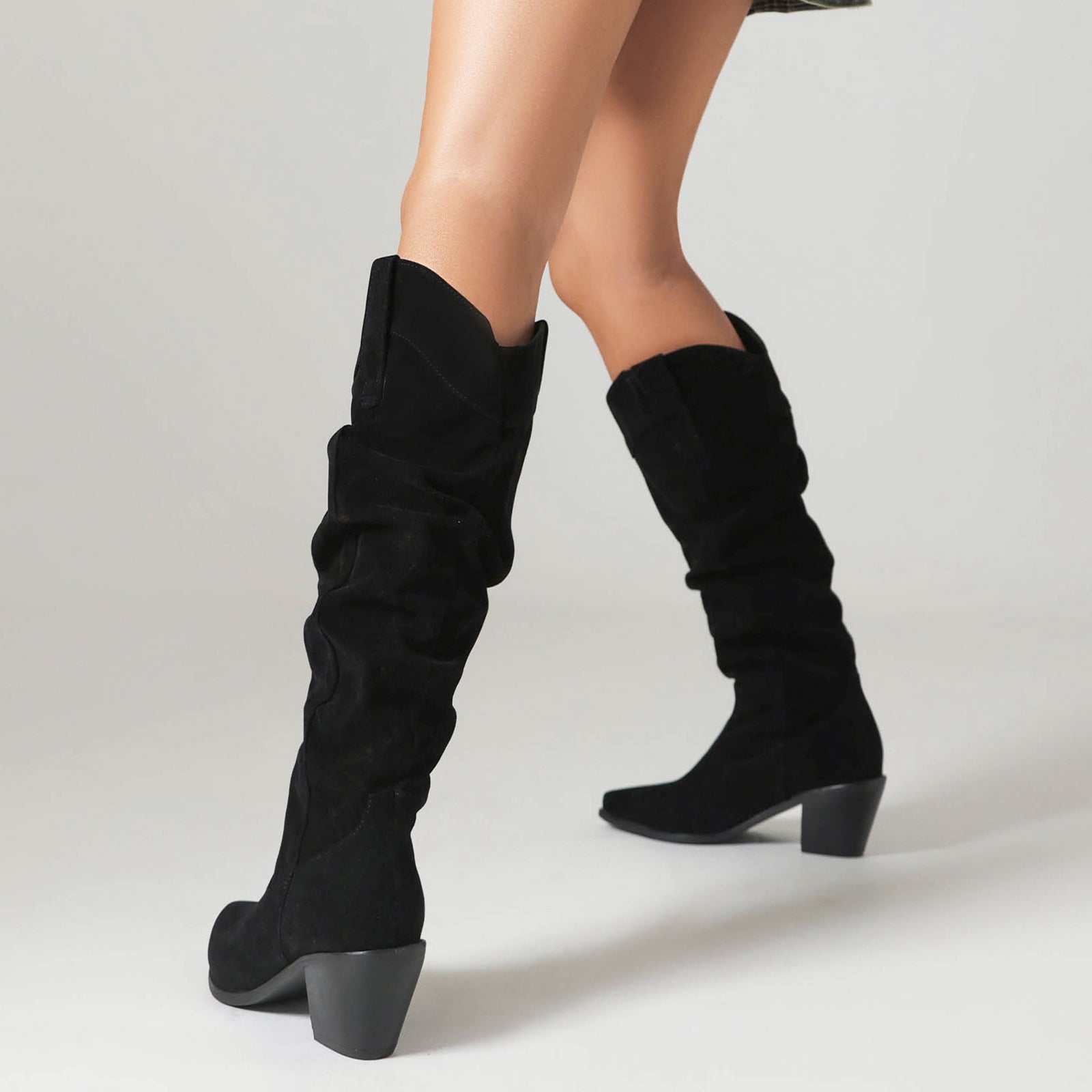 Western Boot Block Heel Suede Scrunch Knee Boot