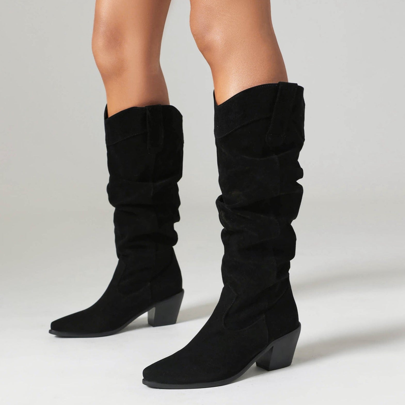 Western Boot Block Heel Suede Scrunch Knee Boot