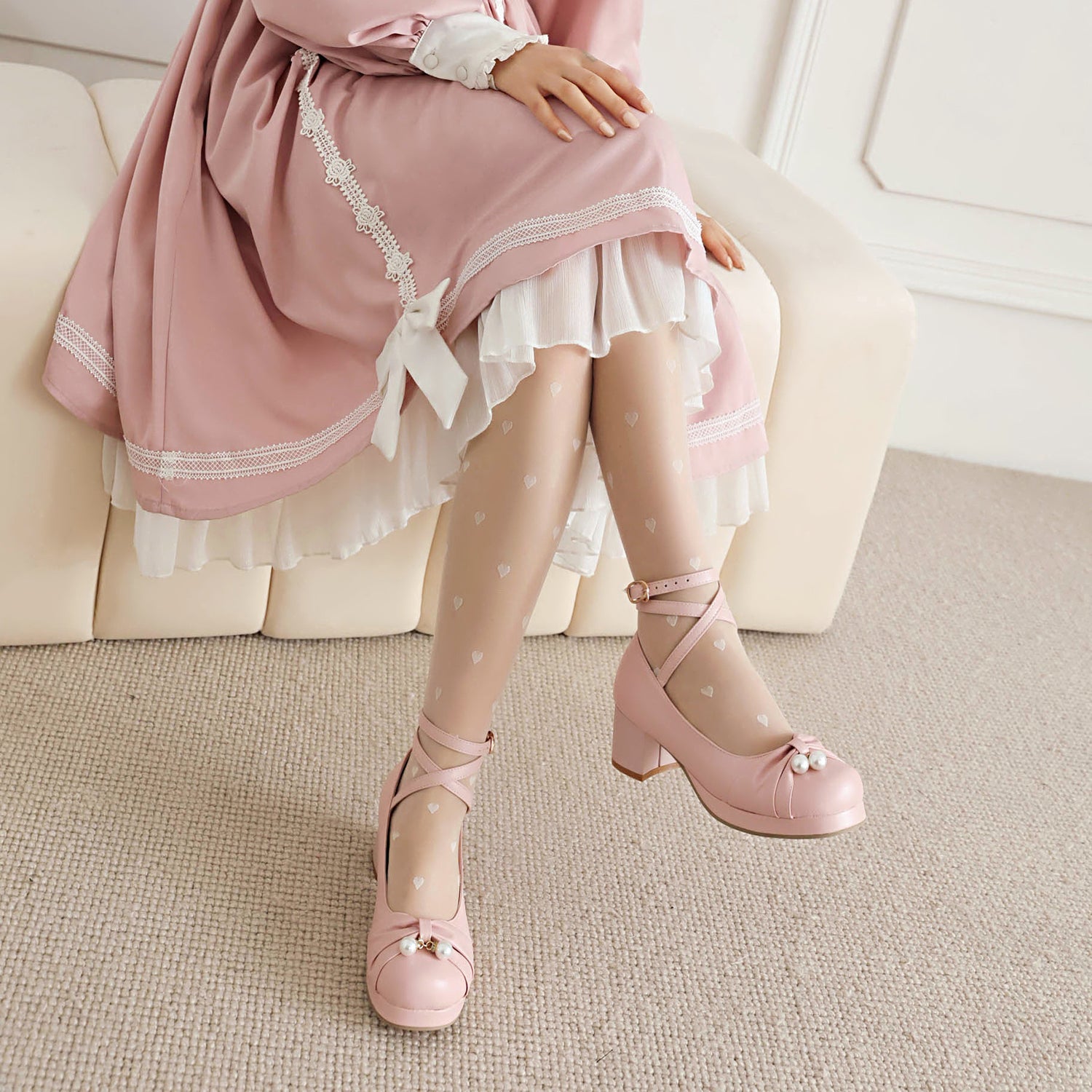 Cute Pearl Cross Strap Lolita Japanese Mary Jane Shoes