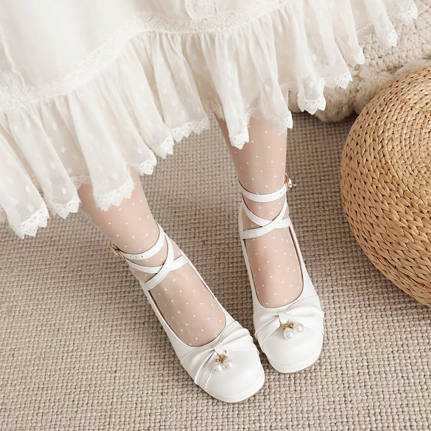 Cute Pearl Cross Strap Lolita Japanese Mary Jane Shoes