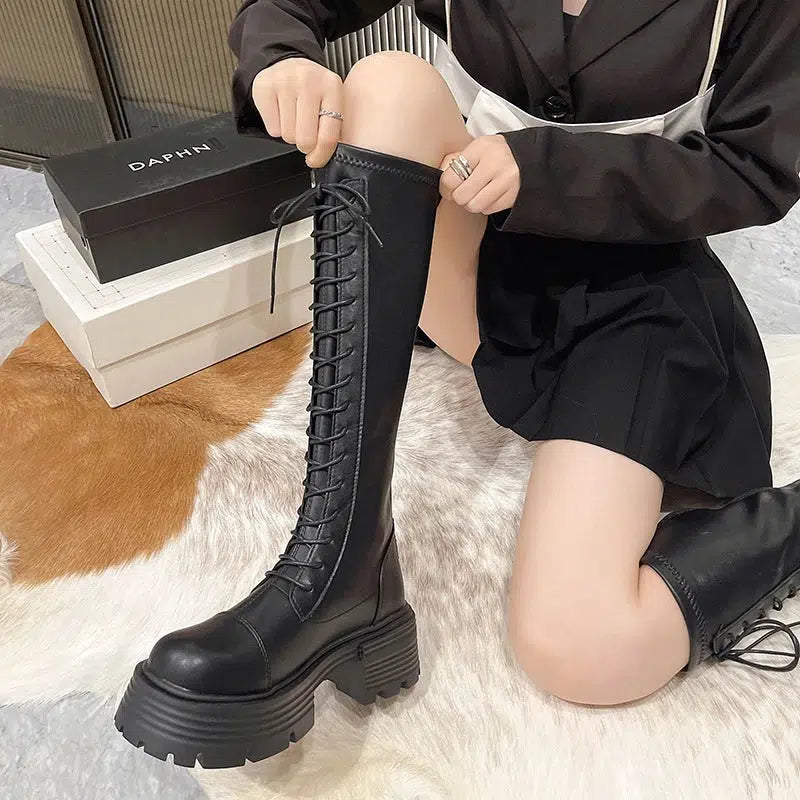 Faux Leather Knee High Lace Up Boots