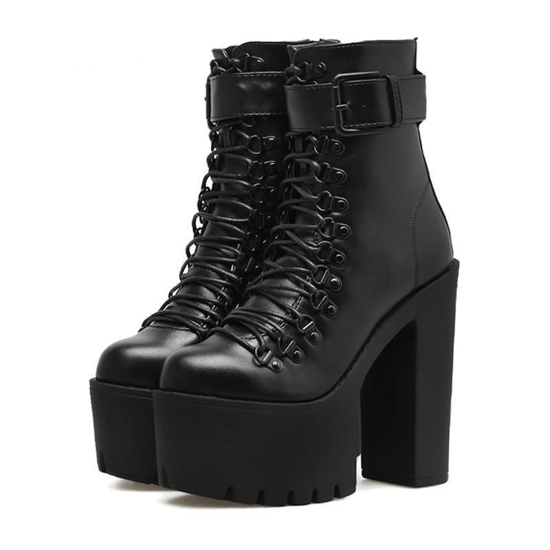 Goth Lace Up Boots Platform Chunky High Heel Ankle Boots With Buckle