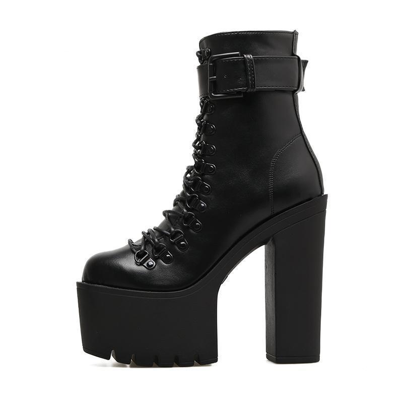 Goth Lace Up Boots Platform Chunky High Heel Ankle Boots With Buckle