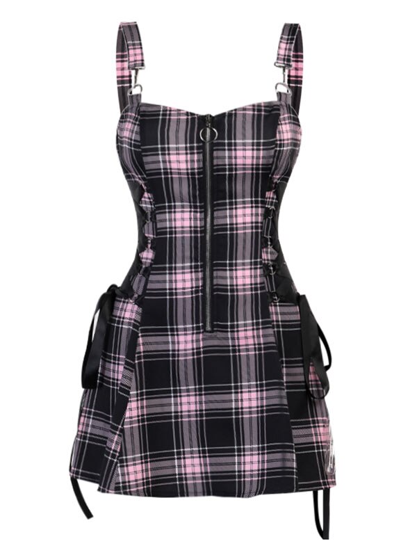 Straps Plaid Lace-up Gothic Zipper Dress