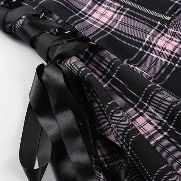 Straps Plaid Lace-up Gothic Zipper Dress