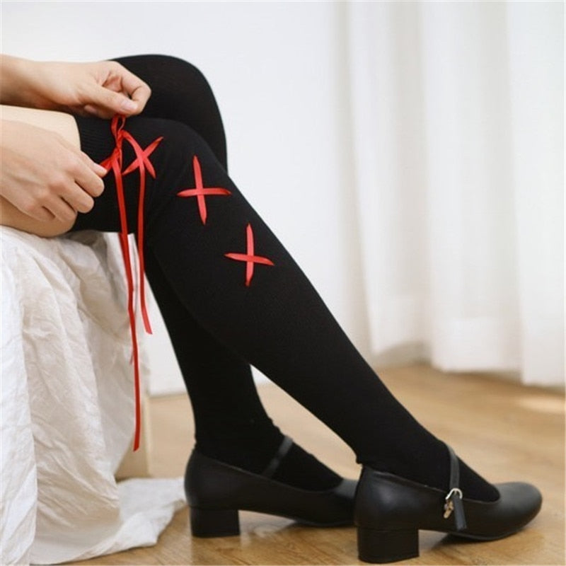 Cute Japanese Cross Ribbon Over Knee Socks