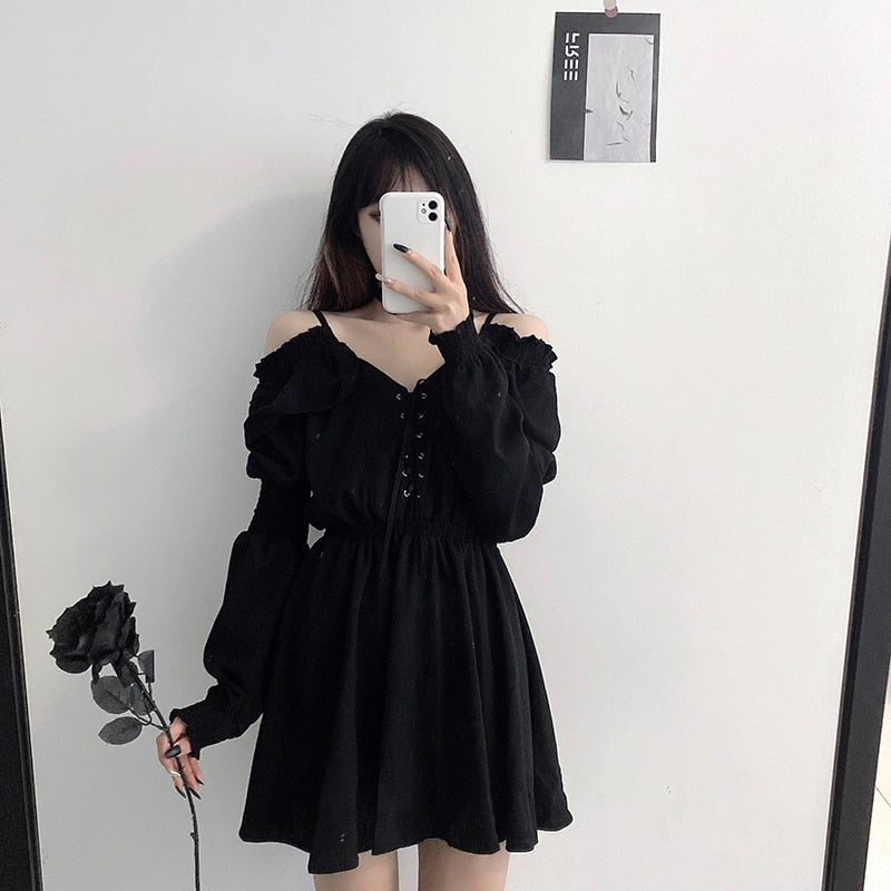 Alt Gothic Dark Off-the-shoulder Lace up Dress