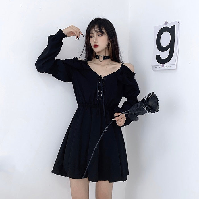 Alt Gothic Dark Off-the-shoulder Lace up Dress