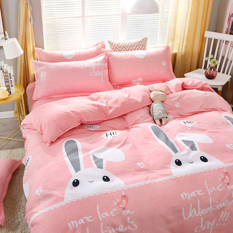 Kawaii Rabbits Print Pink Bedding Set