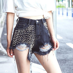 Tassel with Rivet Beading Denim Shorts