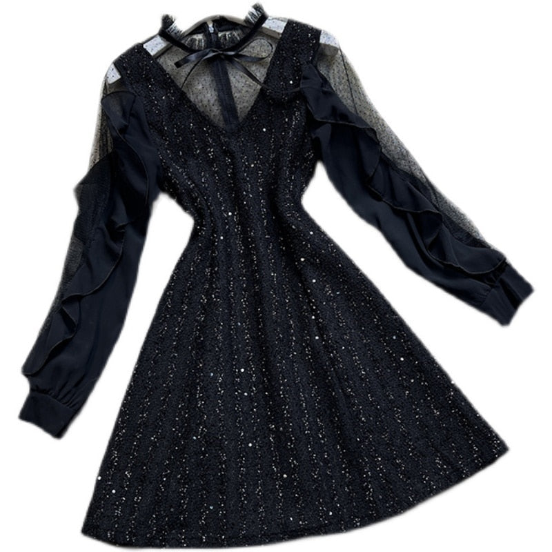 Black Mesh Collar Bow Long-sleeved Dress