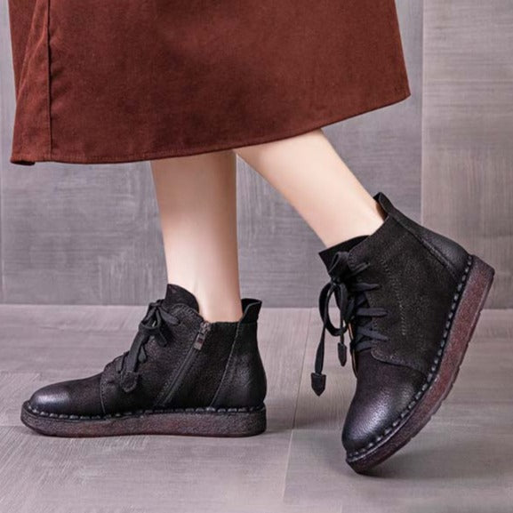 Handmade Retro Leather Ankle Boots Autumn Zip Flat Shoes