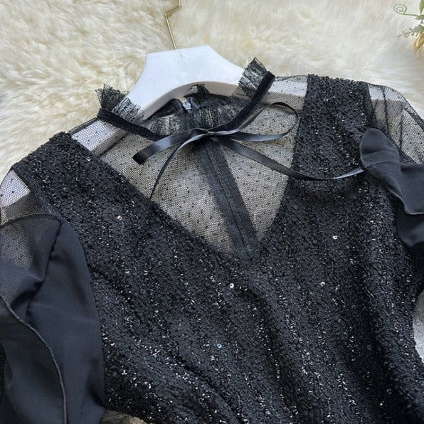 Black Mesh Collar Bow Long-sleeved Dress