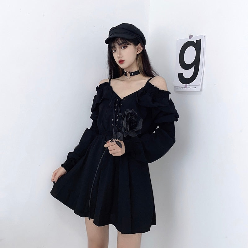 Alt Gothic Dark Off-the-shoulder Lace up Dress