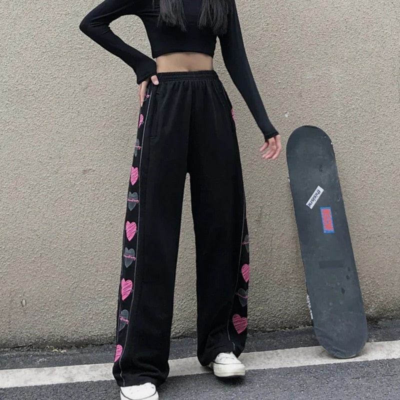 Pink Heart Pants High Waisted Straight Leg Girls Fashion