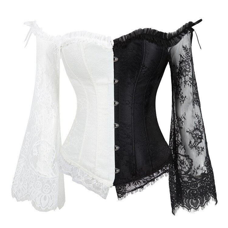 Corset Tops for with Sleeves, Bustier Overbust Lace Up Bodice Lingerie