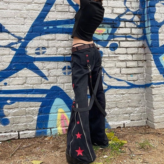 Punk Y2k Grunge Black and Pink Low Waist Denim Pants