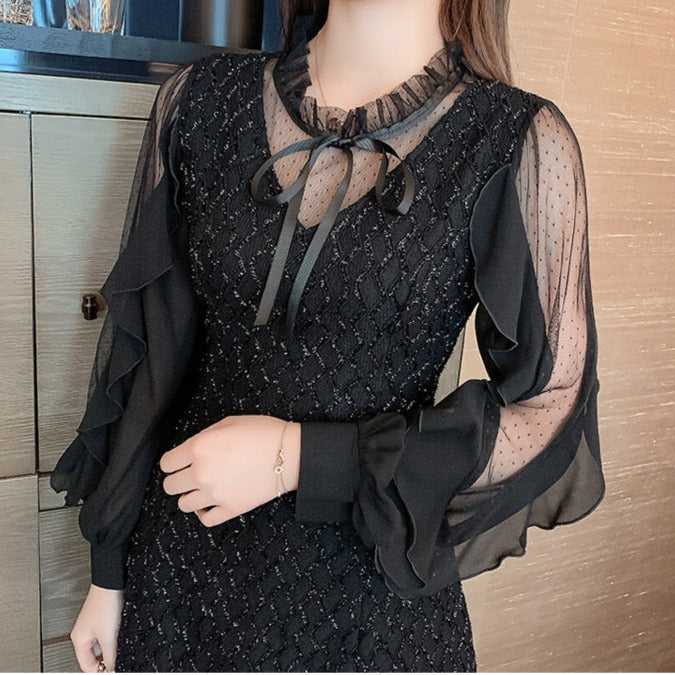 Black Mesh Collar Bow Long-sleeved Dress